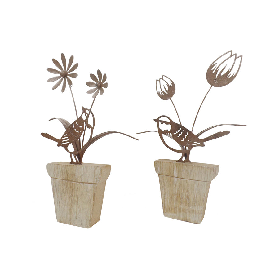 Willow &amp; Silk Rustic 23cm/21.5cm Set of 2 Birds/Flowers Ornaments