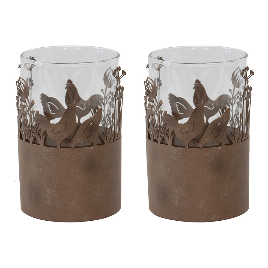 Willow &amp; Silk Set of 2 17cm Metal/Glass Rustic Chook Candle Holders
