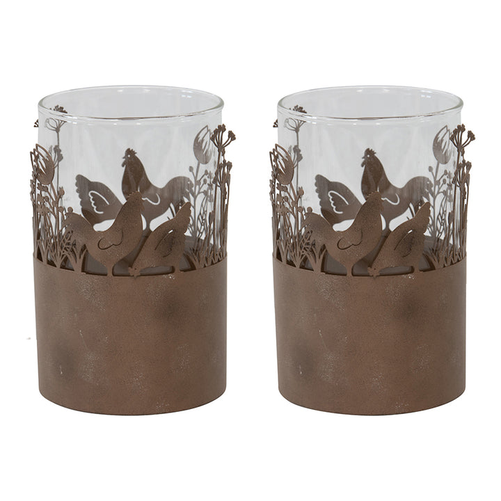 Willow &amp; Silk Set of 2 17cm Metal/Glass Rustic Chook Candle Holders