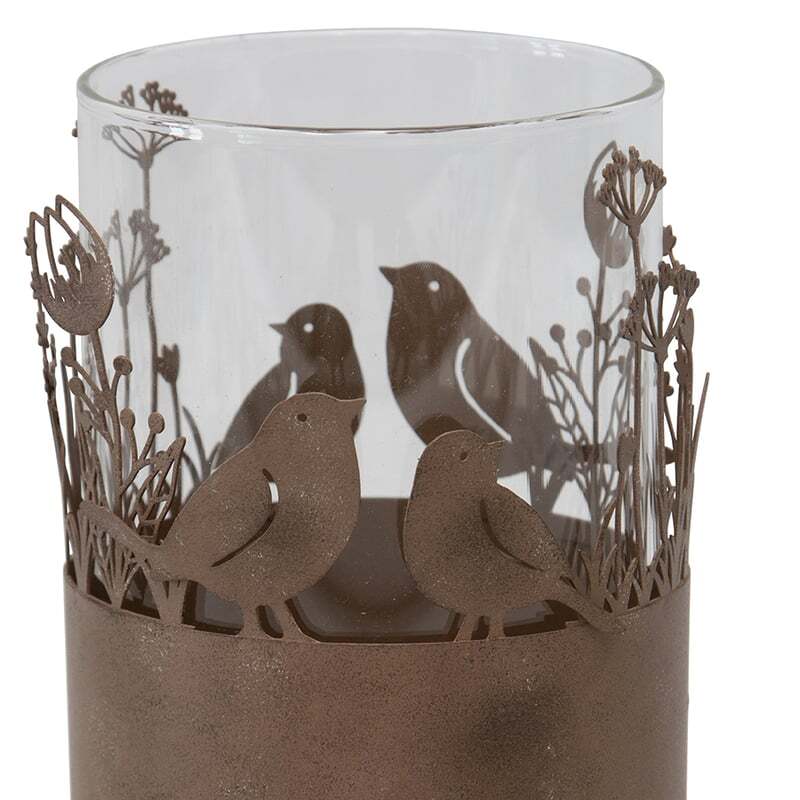 Willow &amp; Silk Set of 2 Metal Glass 17cm Rustic Bird Candle Holders