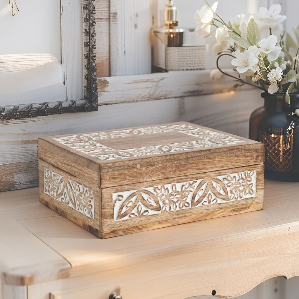 Willow &amp; Silk Trinket Storage Box Handmade Wooden Rectangular 22.5cm Natural/White