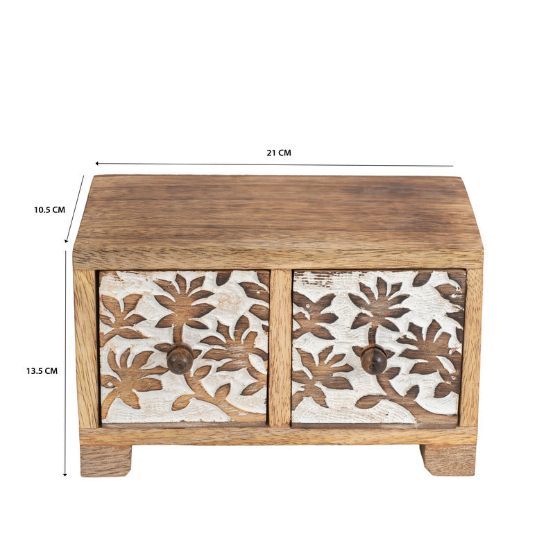 Willow &amp; Silk Trinket Storage Box Wooden Carved 2-Drawer 21.5cm Natural / White
