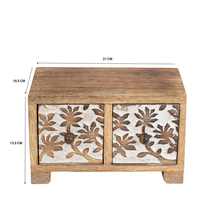 Willow &amp; Silk Trinket Storage Box Wooden Carved 2-Drawer 21.5cm Natural / White