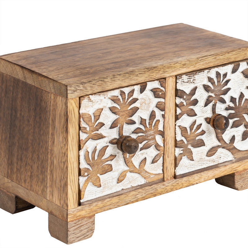Willow &amp; Silk Trinket Storage Box Wooden Carved 2-Drawer 21.5cm Natural / White