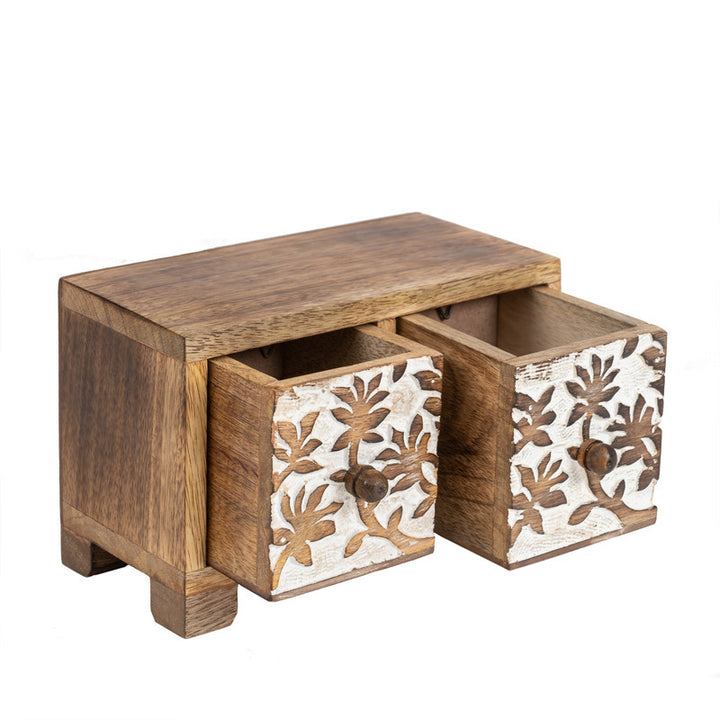 Willow &amp; Silk Trinket Storage Box Wooden Carved 2-Drawer 21.5cm Natural / White