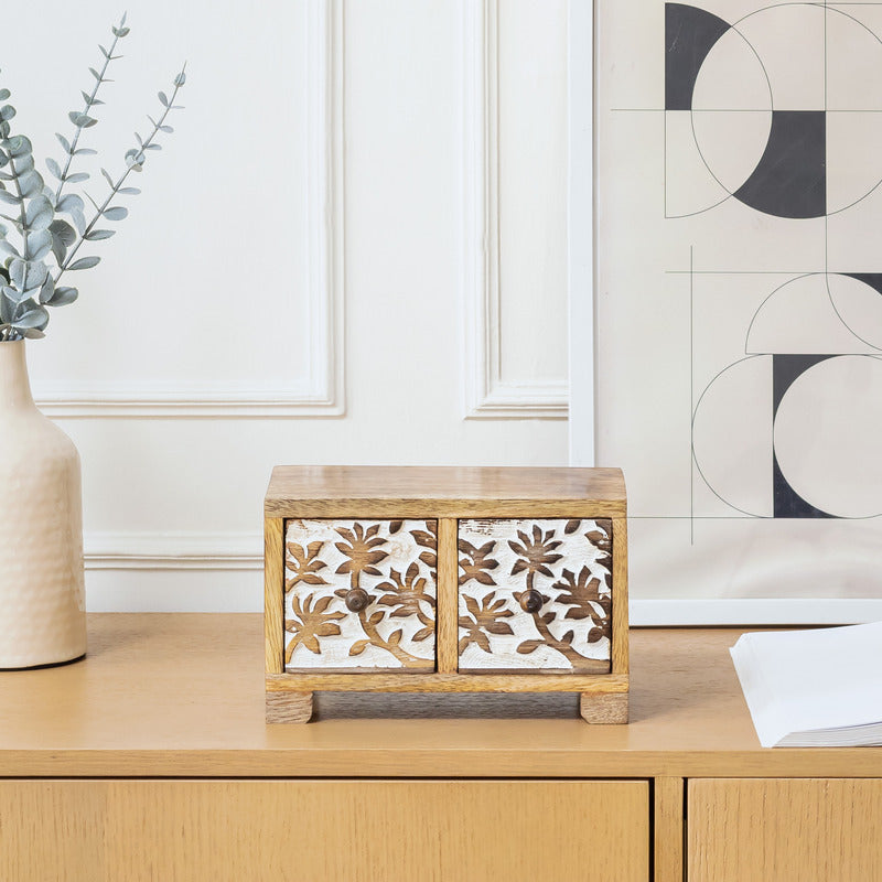 Willow &amp; Silk Trinket Storage Box Wooden Carved 2-Drawer 21.5cm Natural / White