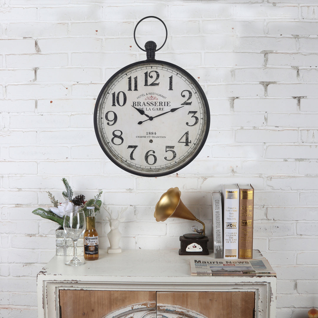 Willow &amp; Silk Wall Clock Glass Front Brasserie 60cm Metal/Wooden