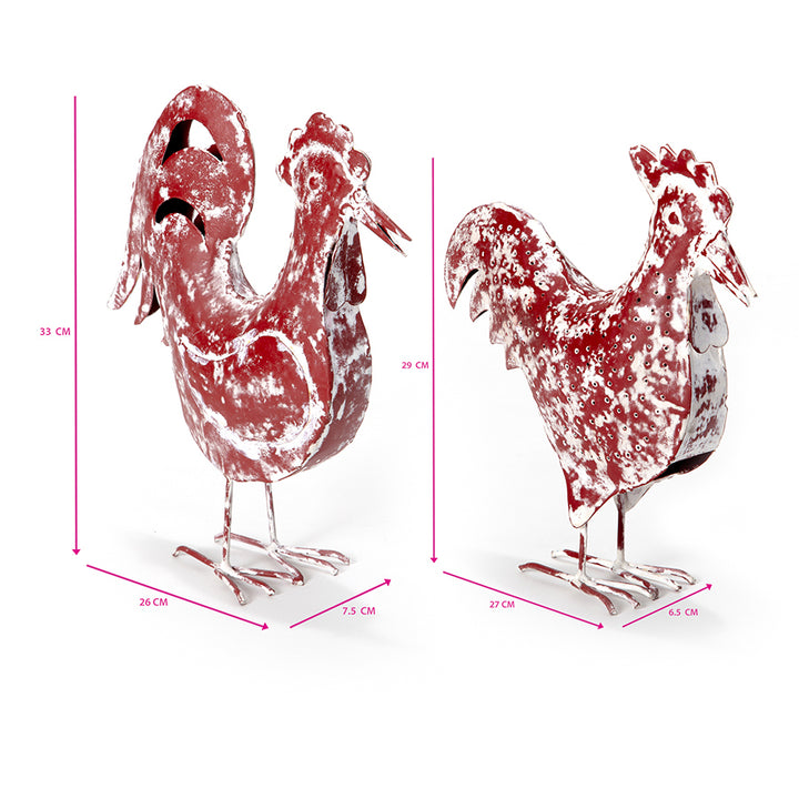 Willow &amp; Silk Metal 33cm/29cm Set of 2 Red Garden Rooster &amp; Chook