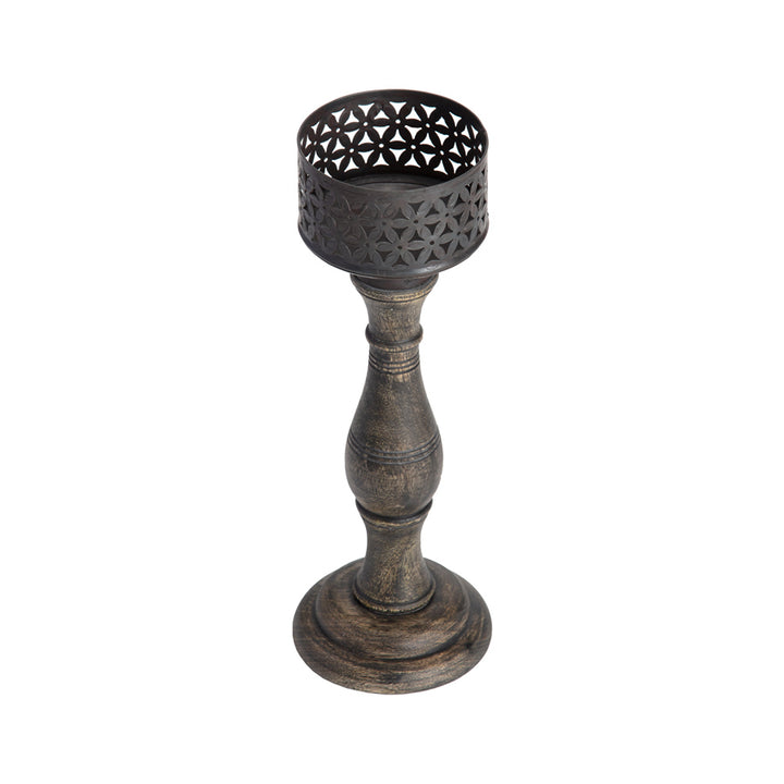 Willow &amp; Silk Handmade 35cm Wooden/Iron Chateau Pillar Candle Holder