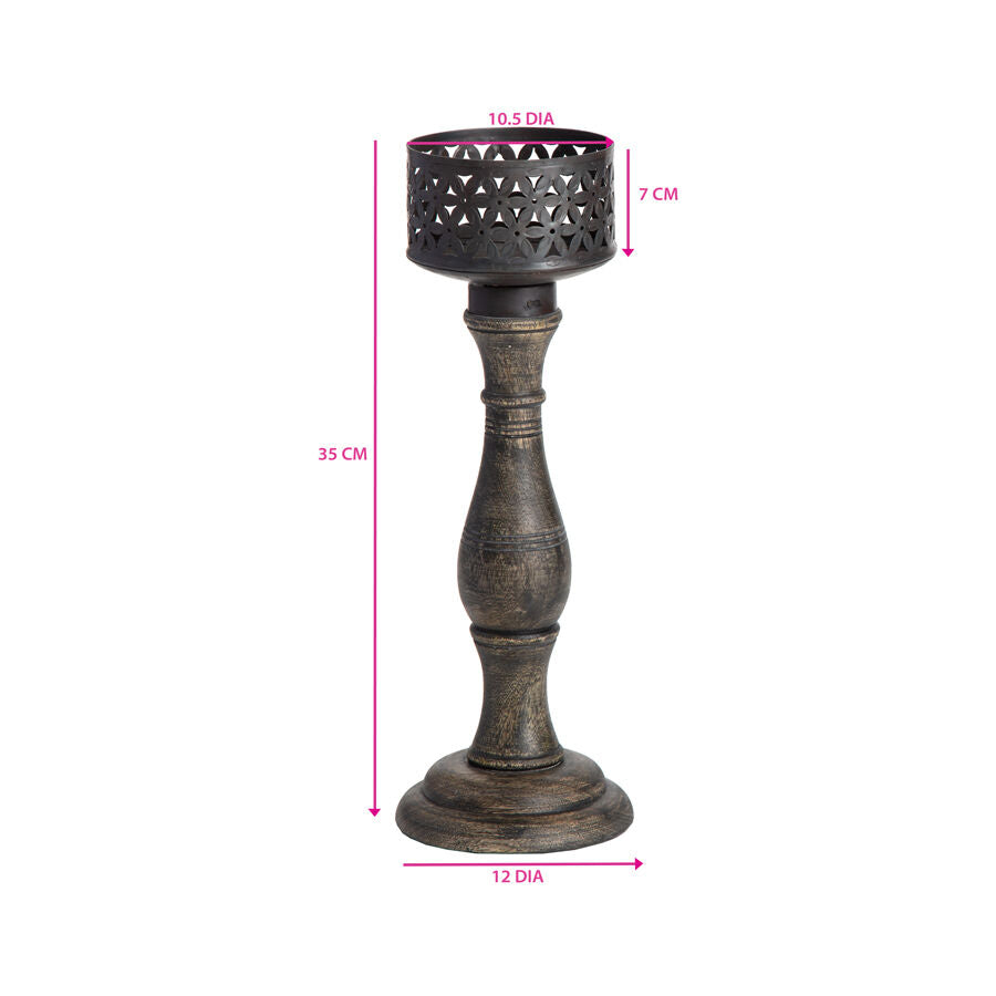 Willow &amp; Silk Handmade 35cm Wooden/Iron Chateau Pillar Candle Holder