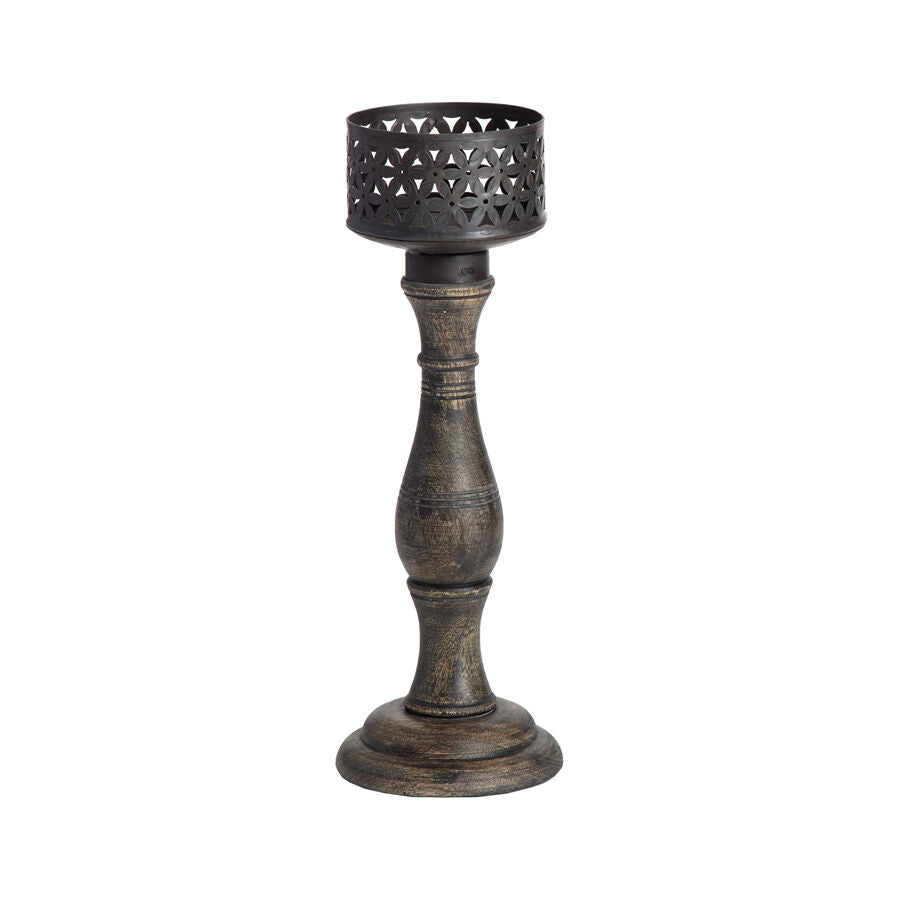 Willow &amp; Silk Handmade 35cm Wooden/Iron Chateau Pillar Candle Holder
