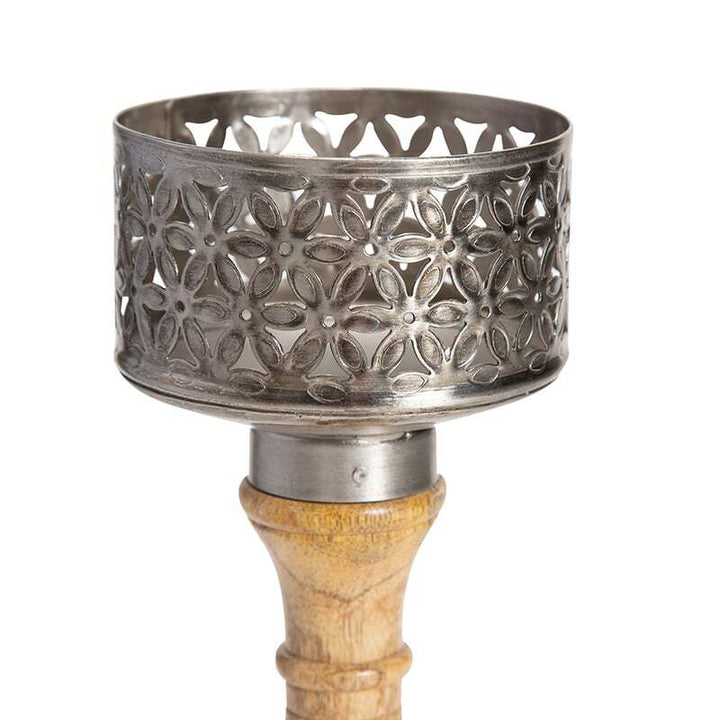 Willow &amp; Silk Wooden Vintage 35cm Bloom Pillar Candle Holder