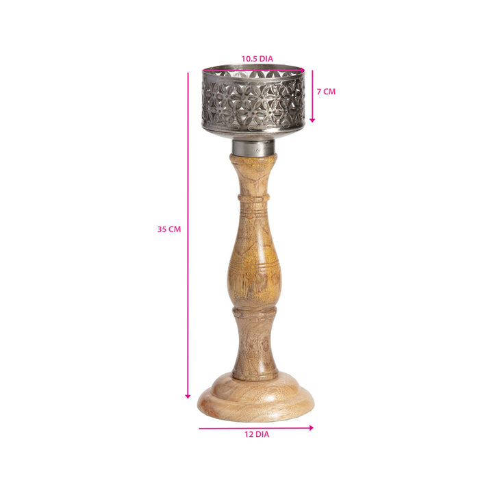 Willow &amp; Silk Wooden Vintage 35cm Bloom Pillar Candle Holder