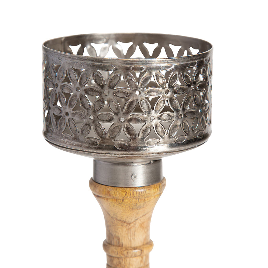 Willow &amp; Silk Wooden Vintage 35cm Bloom Pillar Candle Holder