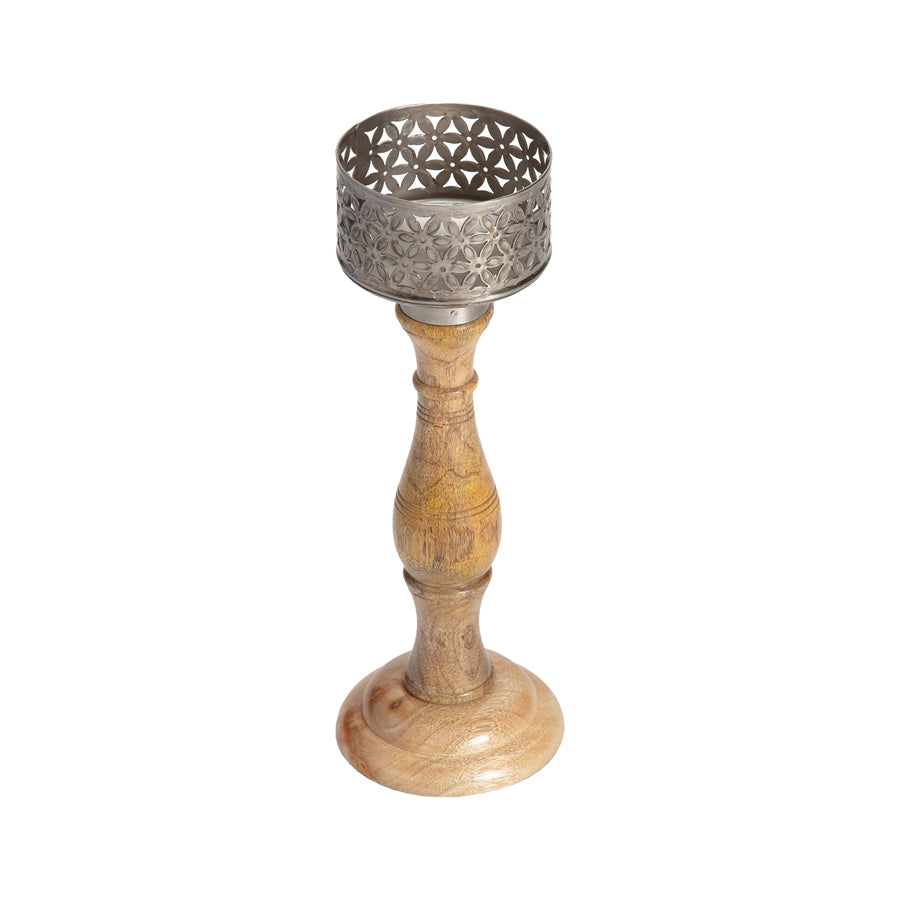 Willow &amp; Silk Wooden Vintage 35cm Bloom Pillar Candle Holder