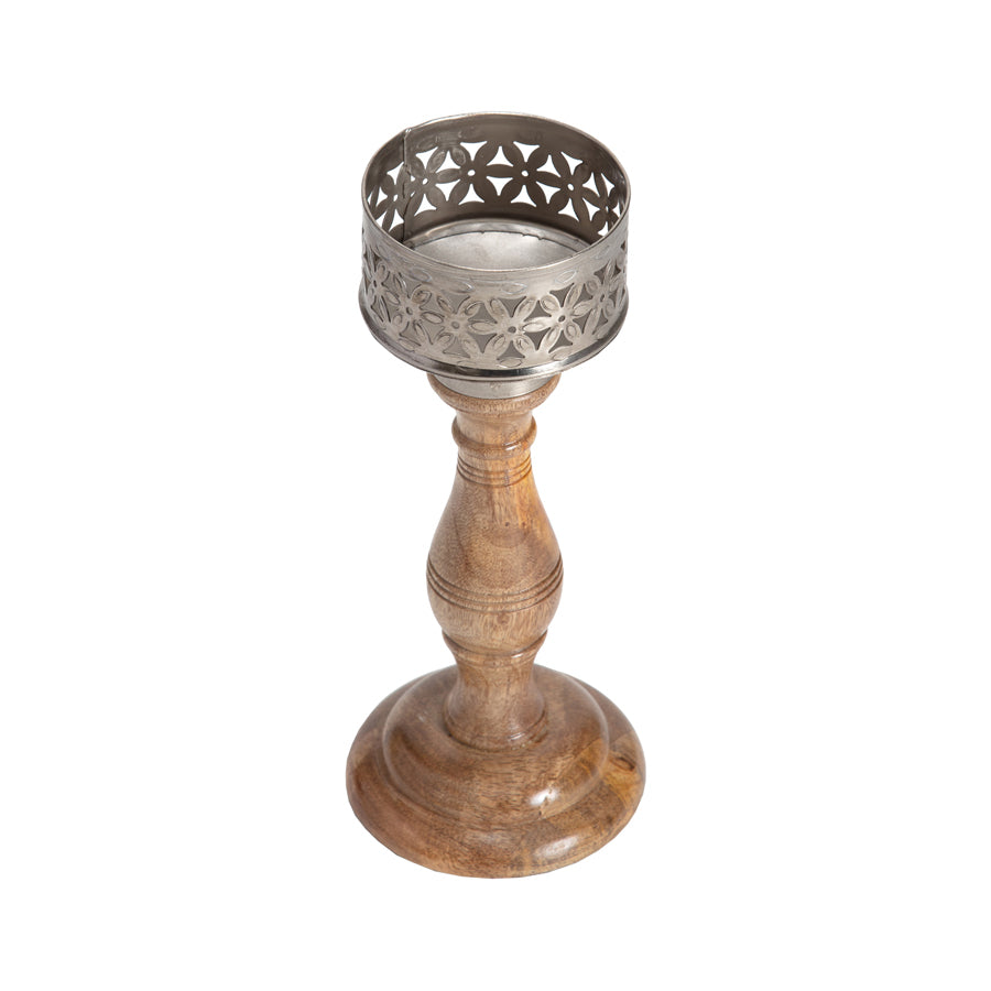 Willow &amp; Silk Vintage Wooden 26cm Bloom Pillar Candle Holder