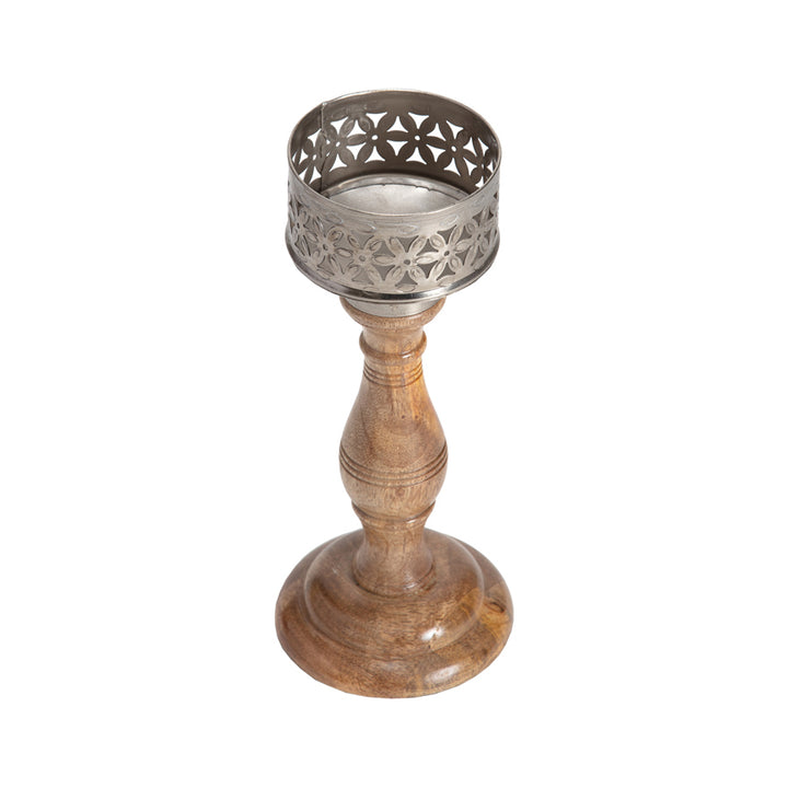 Willow &amp; Silk Vintage Wooden 26cm Bloom Pillar Candle Holder