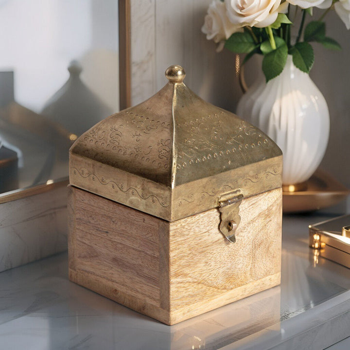 Willow &amp; Silk Trinket Box Moroccan Handcrafted Square 17cm Antique Gold