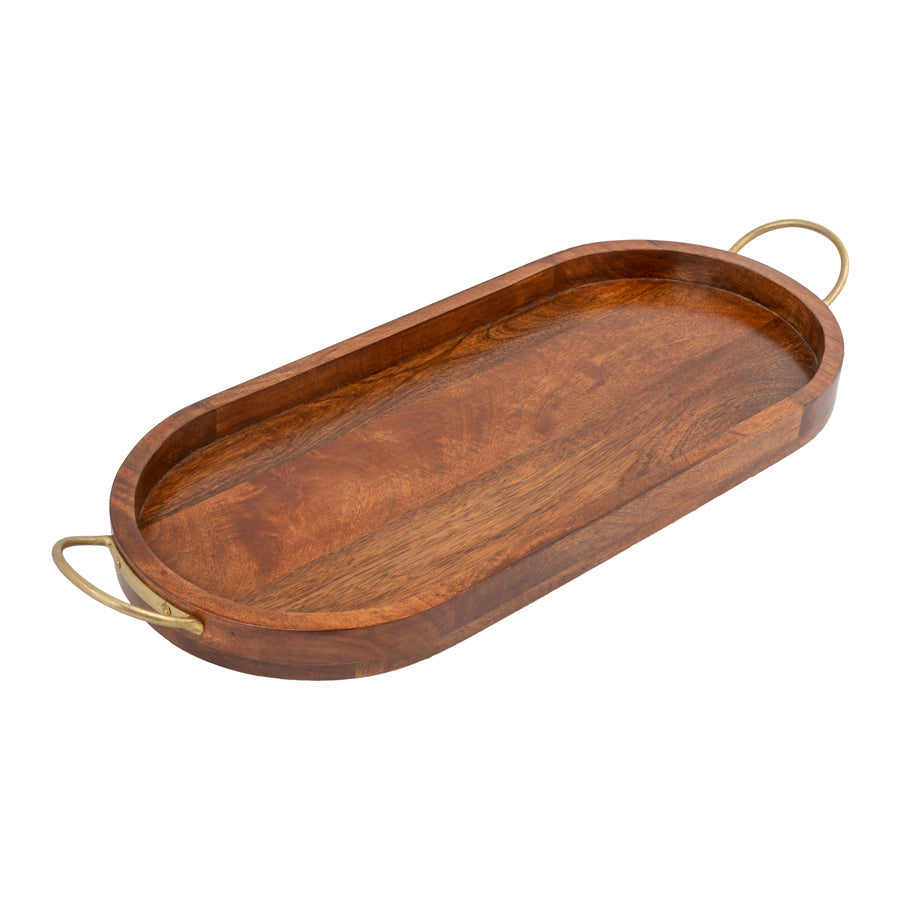 Willow &amp; Silk Serving Tray Handmade Wooden 63cm Oval Antique Gold W/Handles