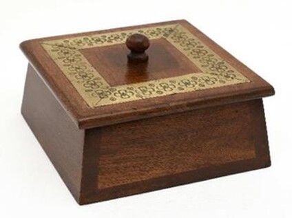 Willow &amp; Silk Trinket Box Handmade 15cm Brown Wooden W/Golden Metal Inlay Antique Gold