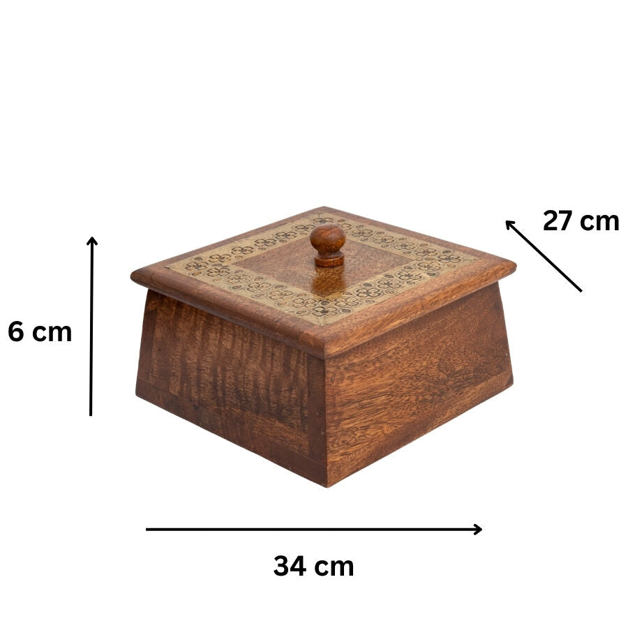 Willow &amp; Silk Trinket Box Handmade 15cm Brown Wooden W/Golden Metal Inlay Antique Gold