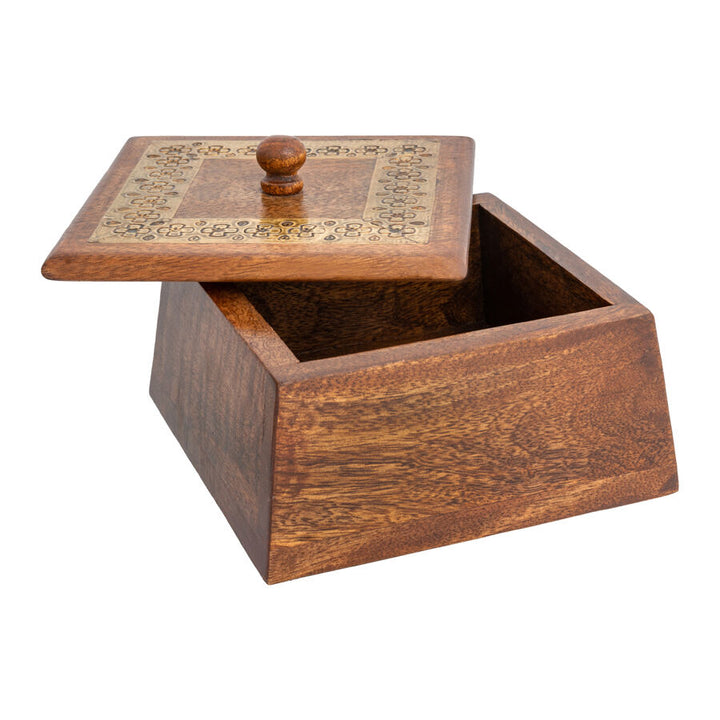 Willow &amp; Silk Trinket Box Handmade 15cm Brown Wooden W/Golden Metal Inlay Antique Gold