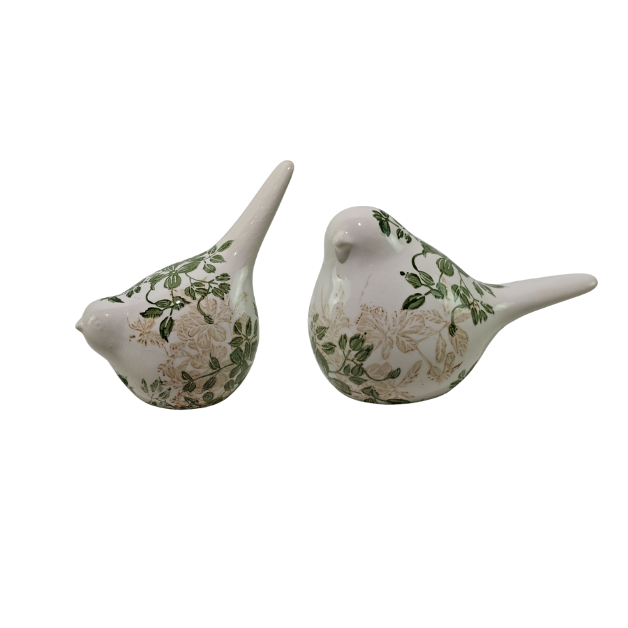 Willow &amp; Silk Set/2 Asst Size Green Leaf Birds 16.5x9.5x10/14x9x14cm