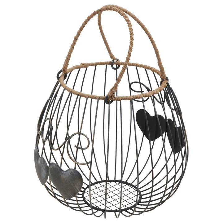 Willow &amp; Silk Hanging 35cm Round Black Metal Heart Basket Pot/Planter