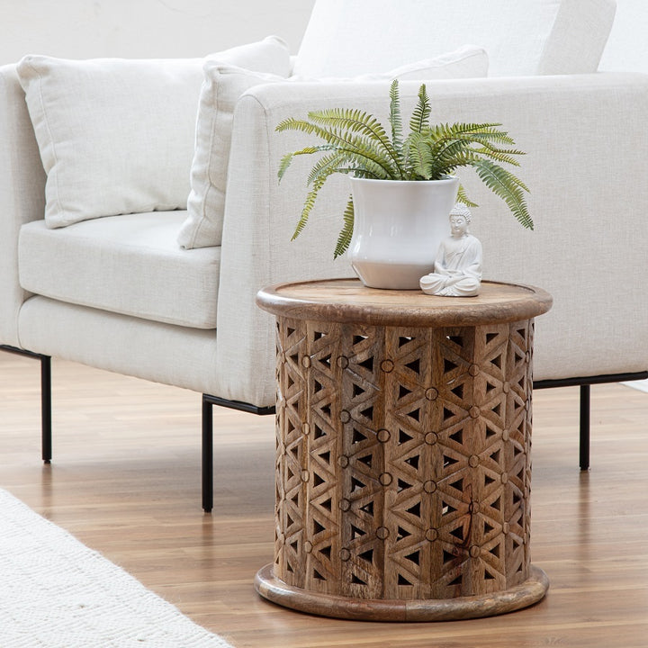 Willow &amp; Silk Natural Round Mangowood Carved Side Table