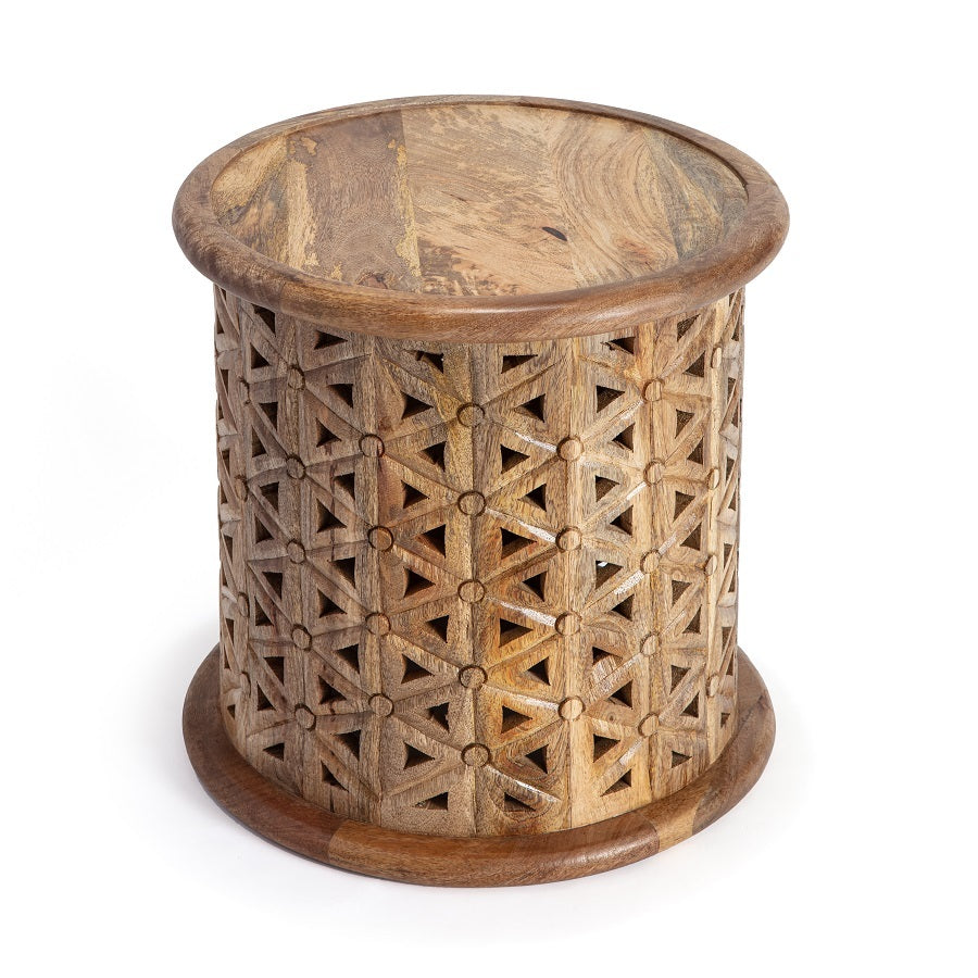 Willow &amp; Silk Natural Round Mangowood Carved Side Table