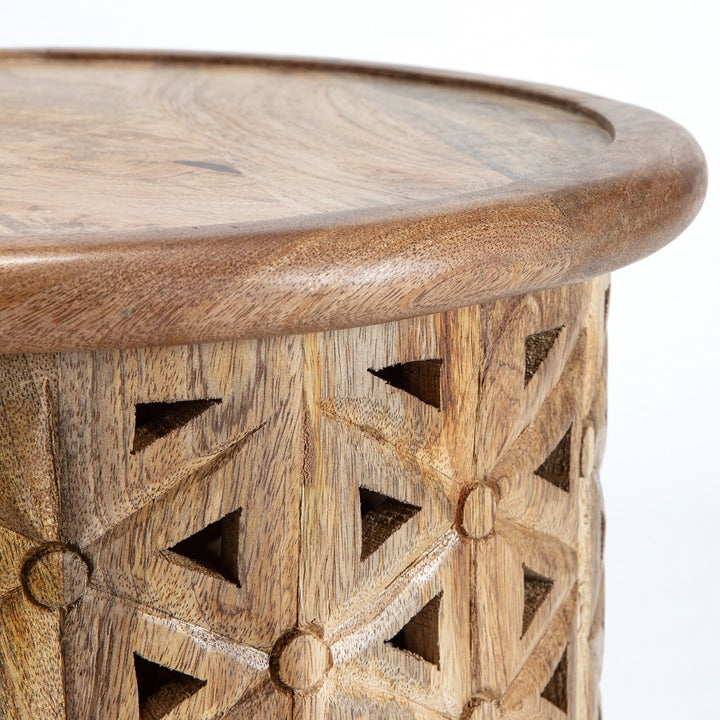 Willow &amp; Silk Natural Round Mangowood Carved Side Table