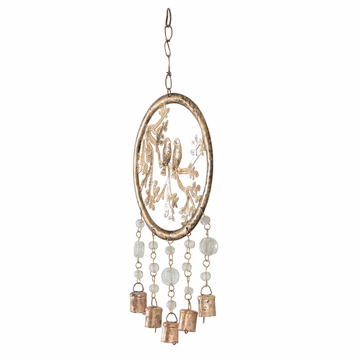 Willow &amp; Silk Hanging 46cm Golden Lovebirds On Tree w/ Beads &amp; Bells