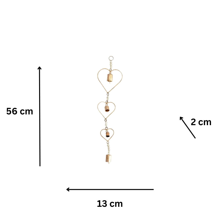 Willow &amp; Silk Handmade Hanging 56cm Distressed Gold 3 Hearts Door Chime