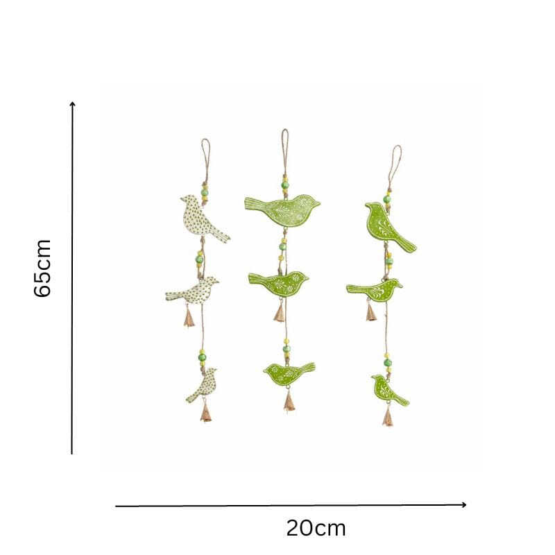 Willow &amp; Silk Hanging 65cm Set of 3 Wooden/Metal Bird Trio Bells