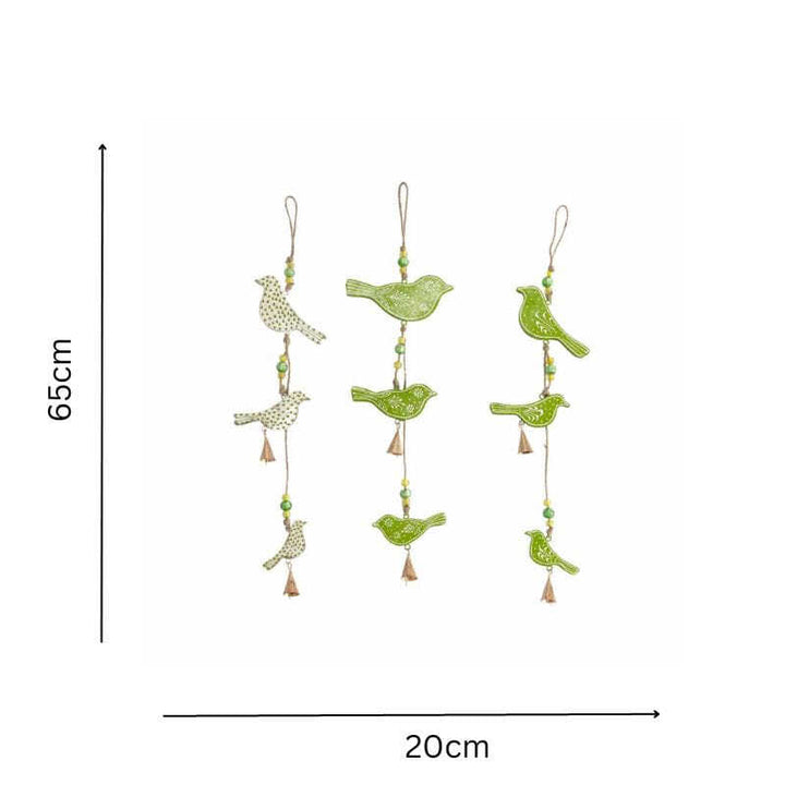 Willow &amp; Silk Hanging 65cm Set of 3 Wooden/Metal Bird Trio Bells