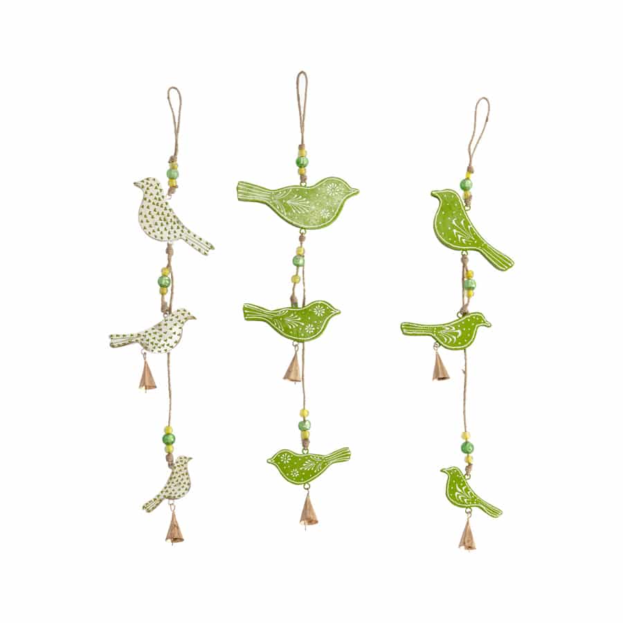 Willow &amp; Silk Hanging 65cm Set of 3 Wooden/Metal Bird Trio Bells