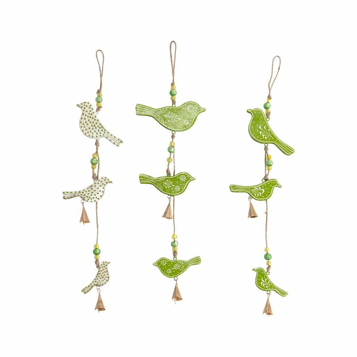 Willow &amp; Silk Hanging 65cm Set of 3 Wooden/Metal Bird Trio Bells