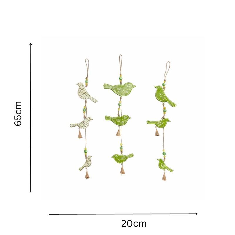 Willow &amp; Silk Hanging 65cm Set of 3 Wooden/Metal Bird Trio Bells