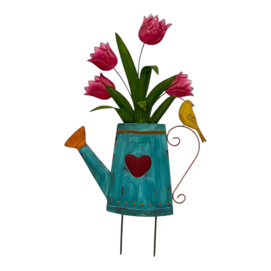 Willow &amp; Silk Flowers in Blue Watering Can Garden Stake 32x8x55cm