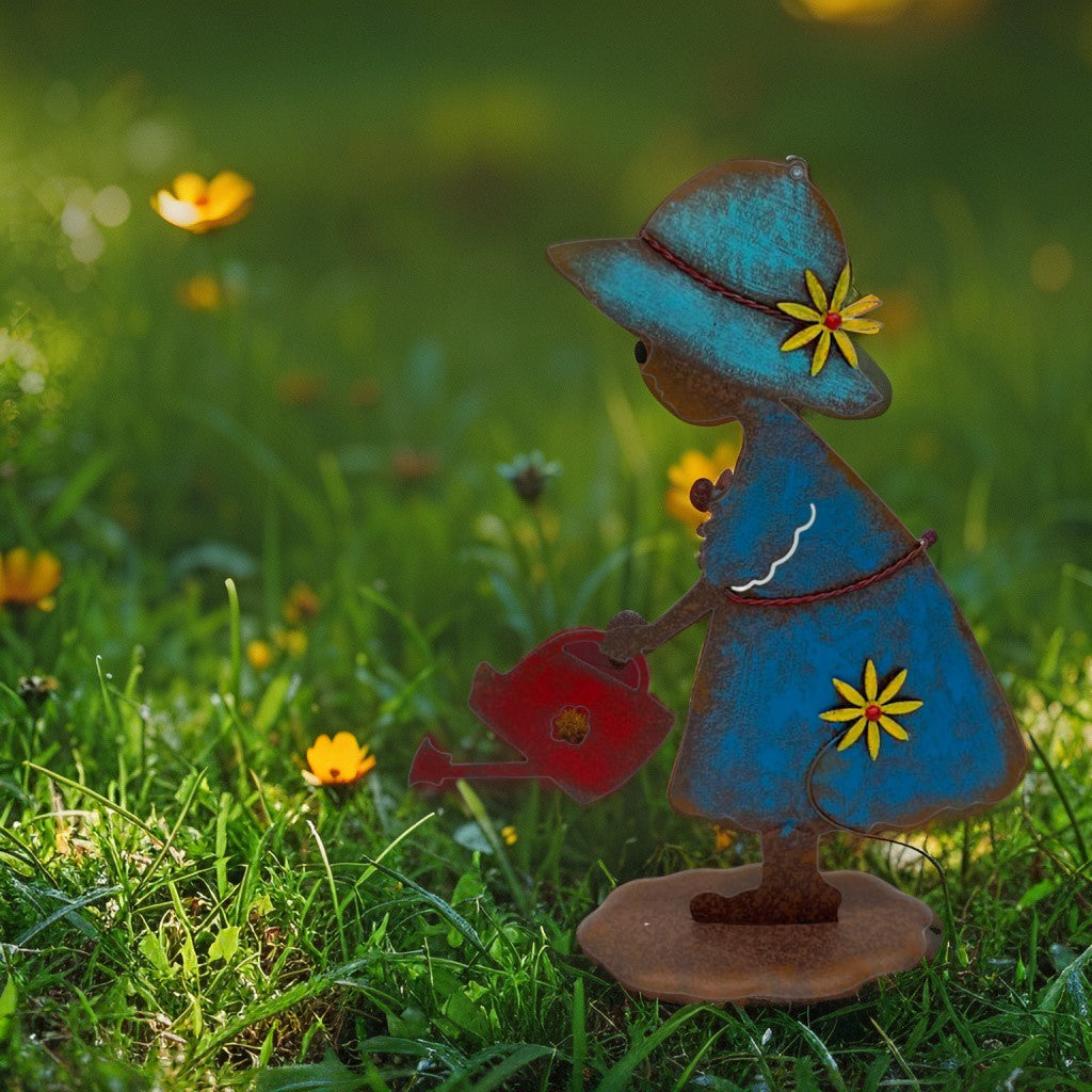 Willow &amp; Silk Colourful Girl w/Watering Can Garden Statue 31x11x39cm