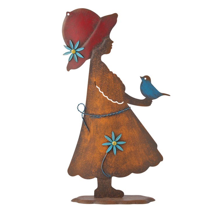 Willow &amp; Silk Colourful Girl w/Bird Garden Statue 23.5x11x43cm