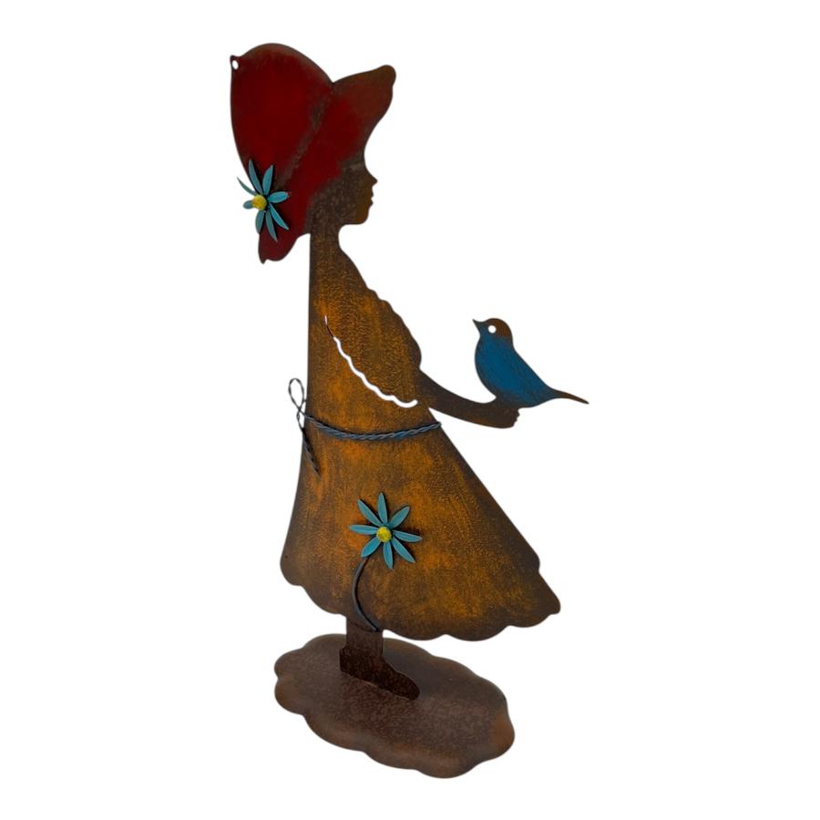 Willow &amp; Silk Colourful Girl w/Bird Garden Statue 23.5x11x43cm