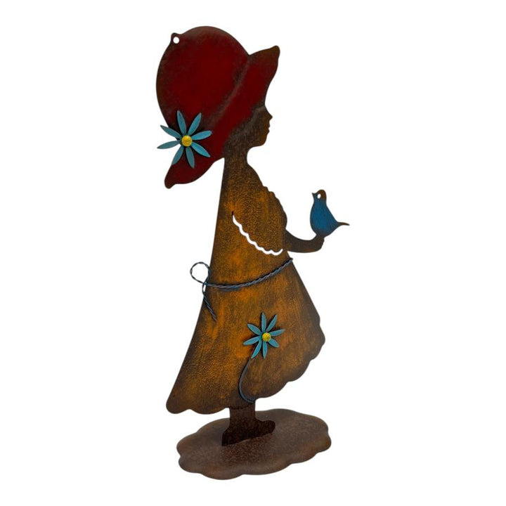 Willow &amp; Silk Colourful Girl w/Bird Garden Statue 23.5x11x43cm