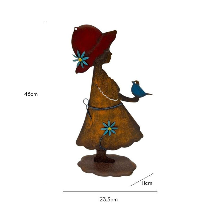 Willow &amp; Silk Colourful Girl w/Bird Garden Statue 23.5x11x43cm