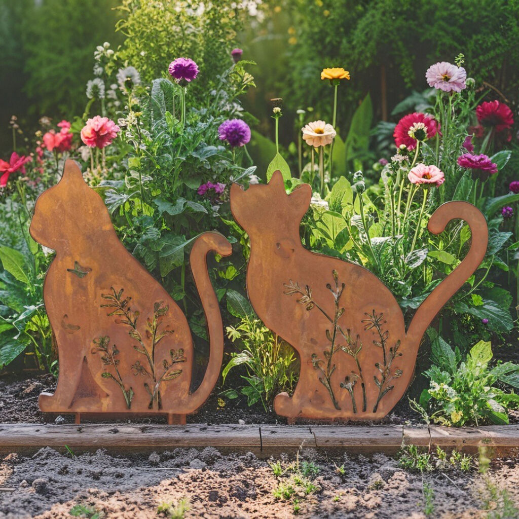 Willow &amp; Silk Cat Outdoor Garden Stakes Set of 2