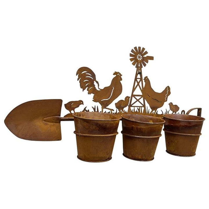 Willow &amp; Silk 3 Pot Wall Planter On Shovel w/Chooks