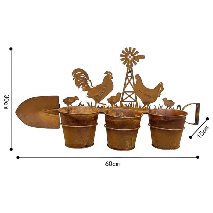 Willow &amp; Silk 3 Pot Wall Planter On Shovel w/Chooks
