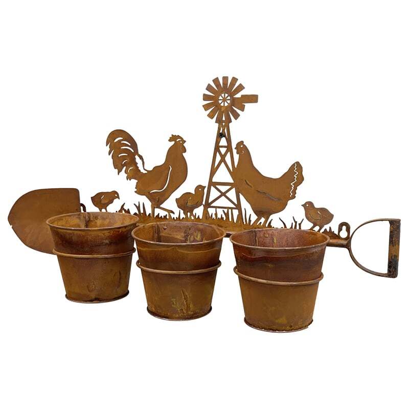 Willow &amp; Silk 3 Pot Wall Planter On Shovel w/Chooks