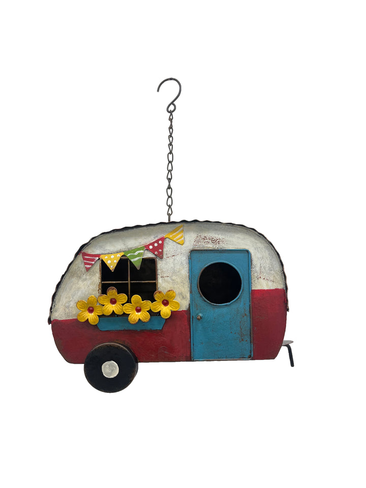 Willow &amp; Silk Metal 44cm Vintage Red Caravan Hanging Garden Bird House