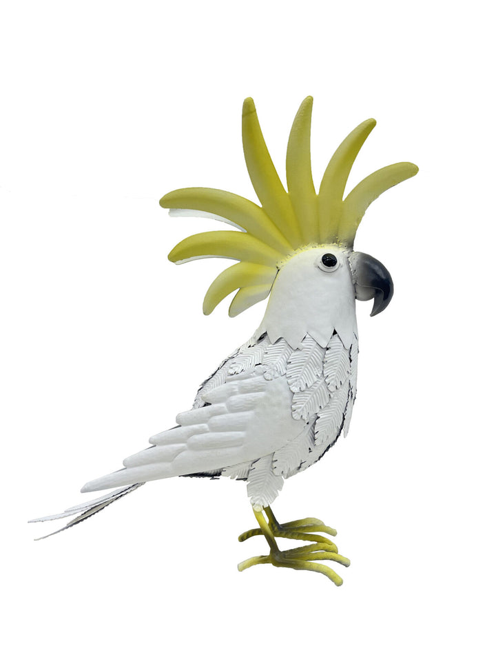 Willow &amp; Silk Metal 34cm White/Yellow Cockatoo Bird Garden Figurine